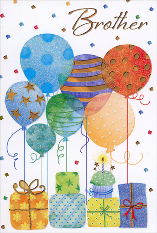 Pictura Balloons Tied to Blue Green and Yellow Gifts Birthday Card for Brother