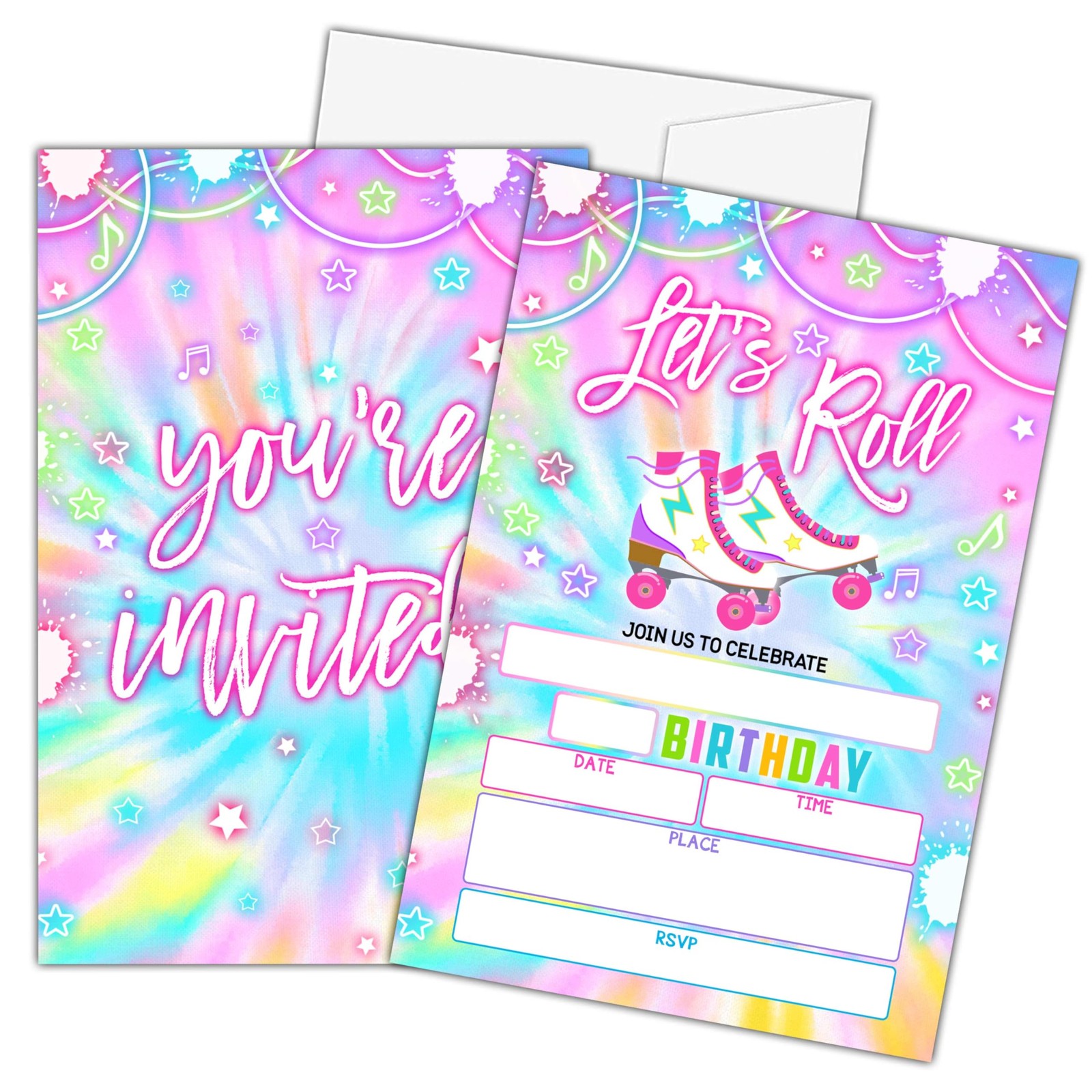 20 PCS Tie Dye Roller Skating Birthday Party Invitations With Envelopes 04