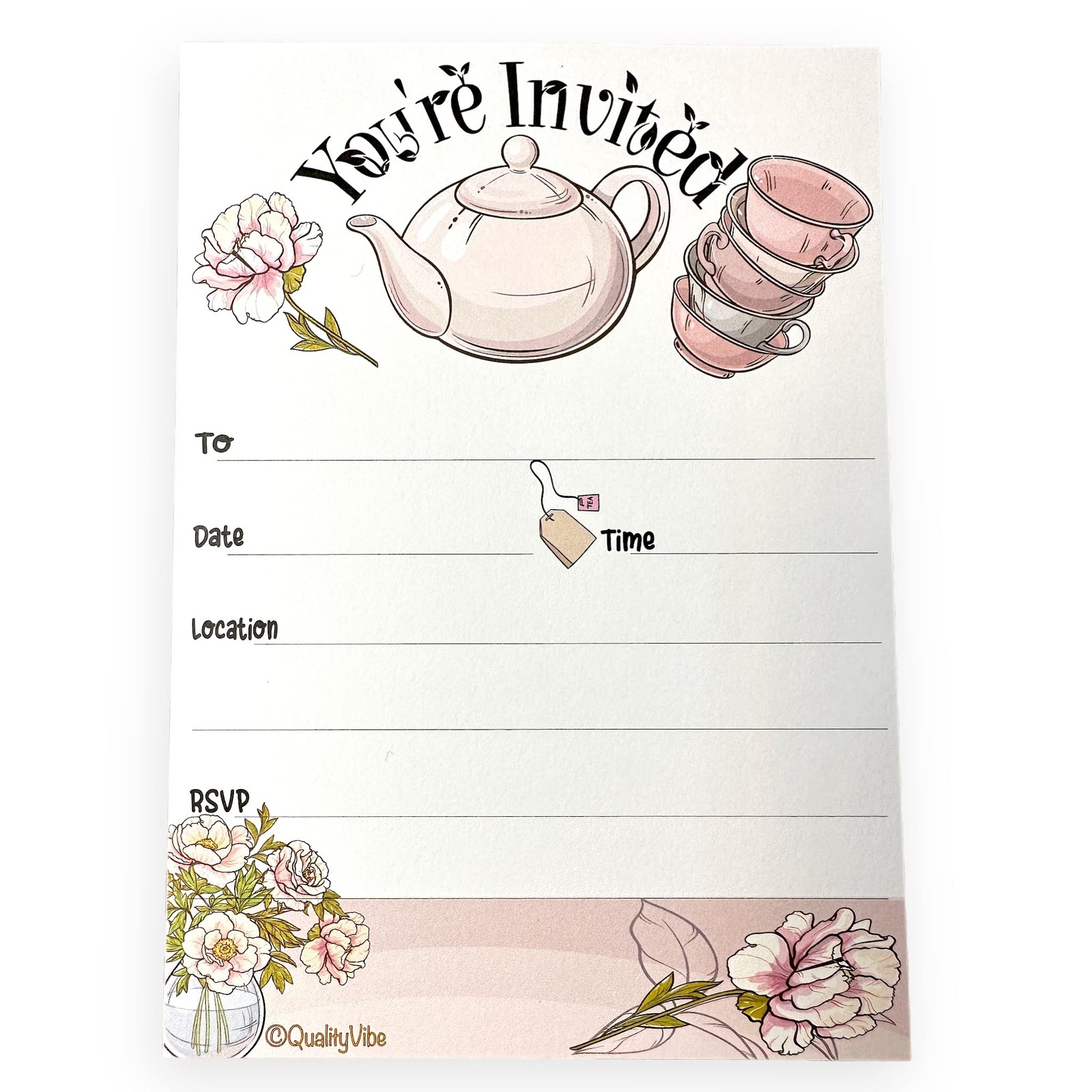 25 Pcs Floral Tea Pot High Tea Party Invitations With Envelopes Thick Cards