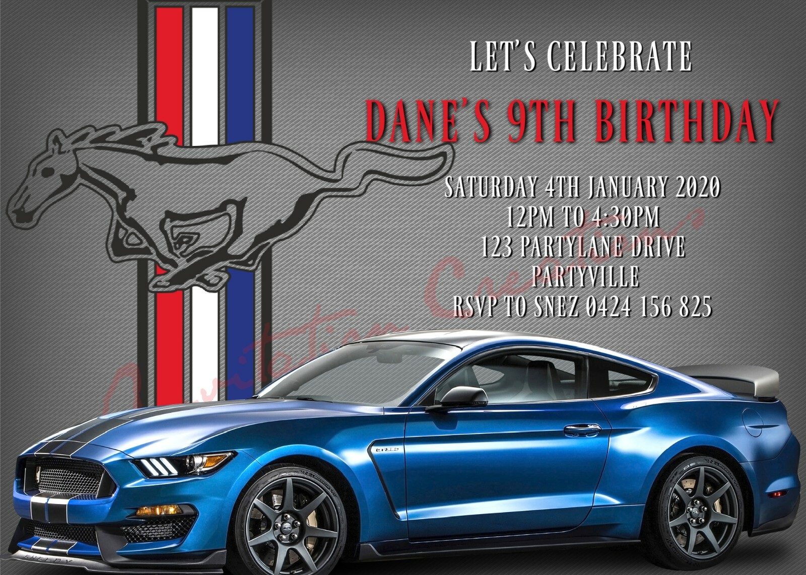 DIY Print Custom BOYS CARS GT MUSTANG BLUE Birthday Party Invitations
