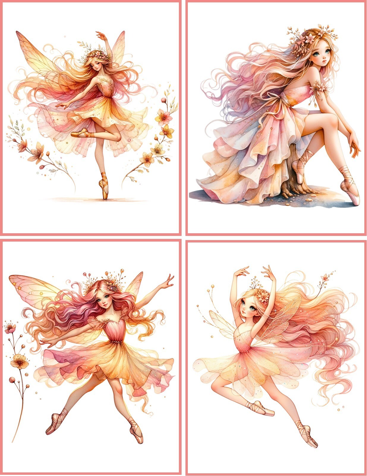 8 Fairy Fairies Ballet Ballerina Vintage glossy note cards with organza bag