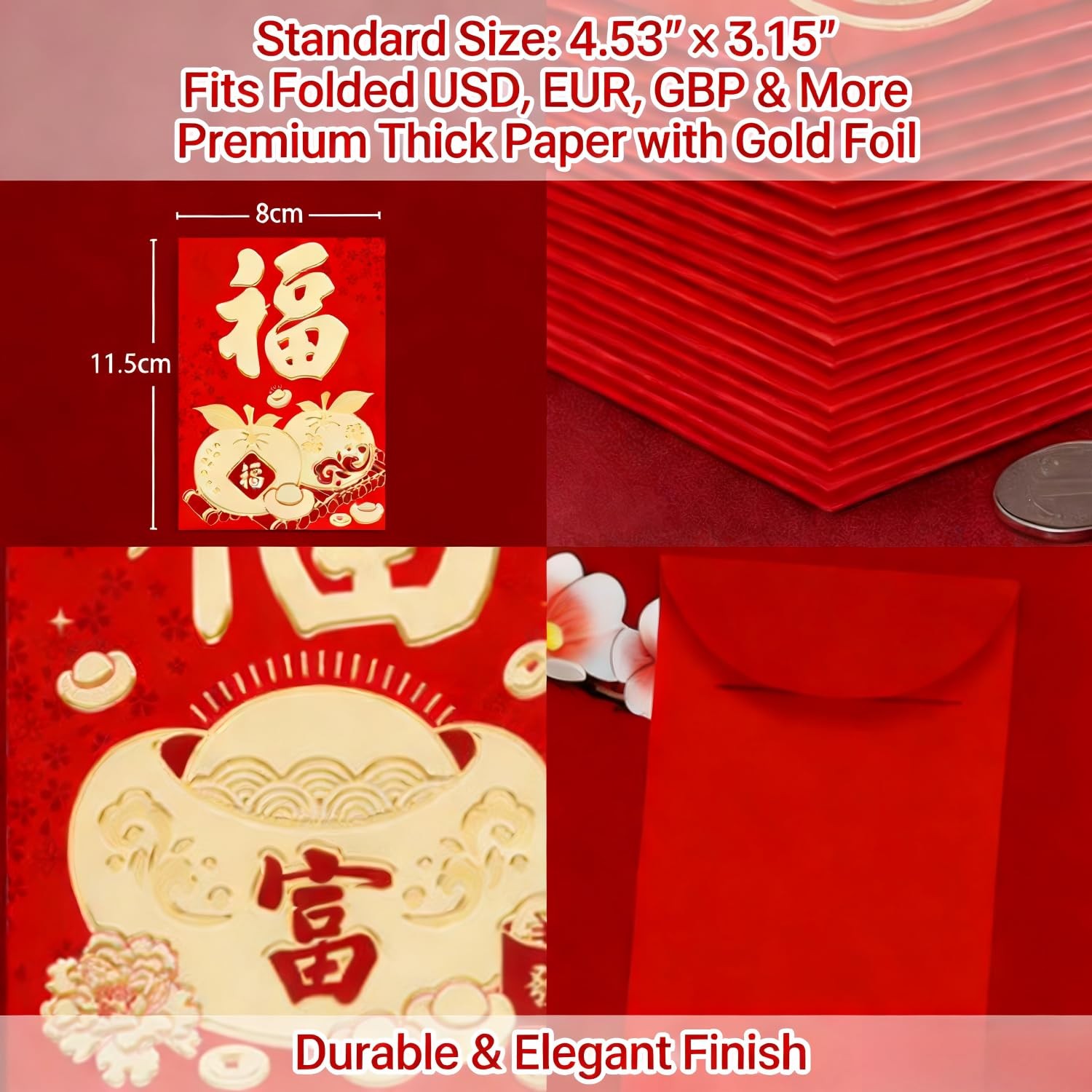 60 PCS Chinese New Year Red Envelopes Gold FU Hong Bao 4.53×3.15 Inch