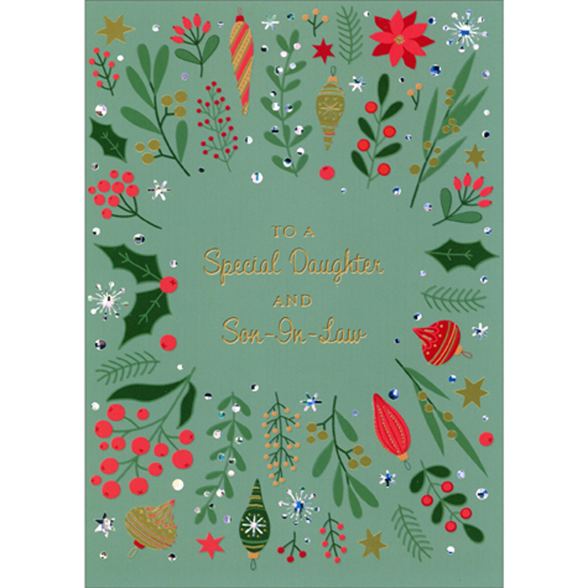 Flowers Vines and Ornaments on Green Christmas Card for Daughter and Son-in-Law