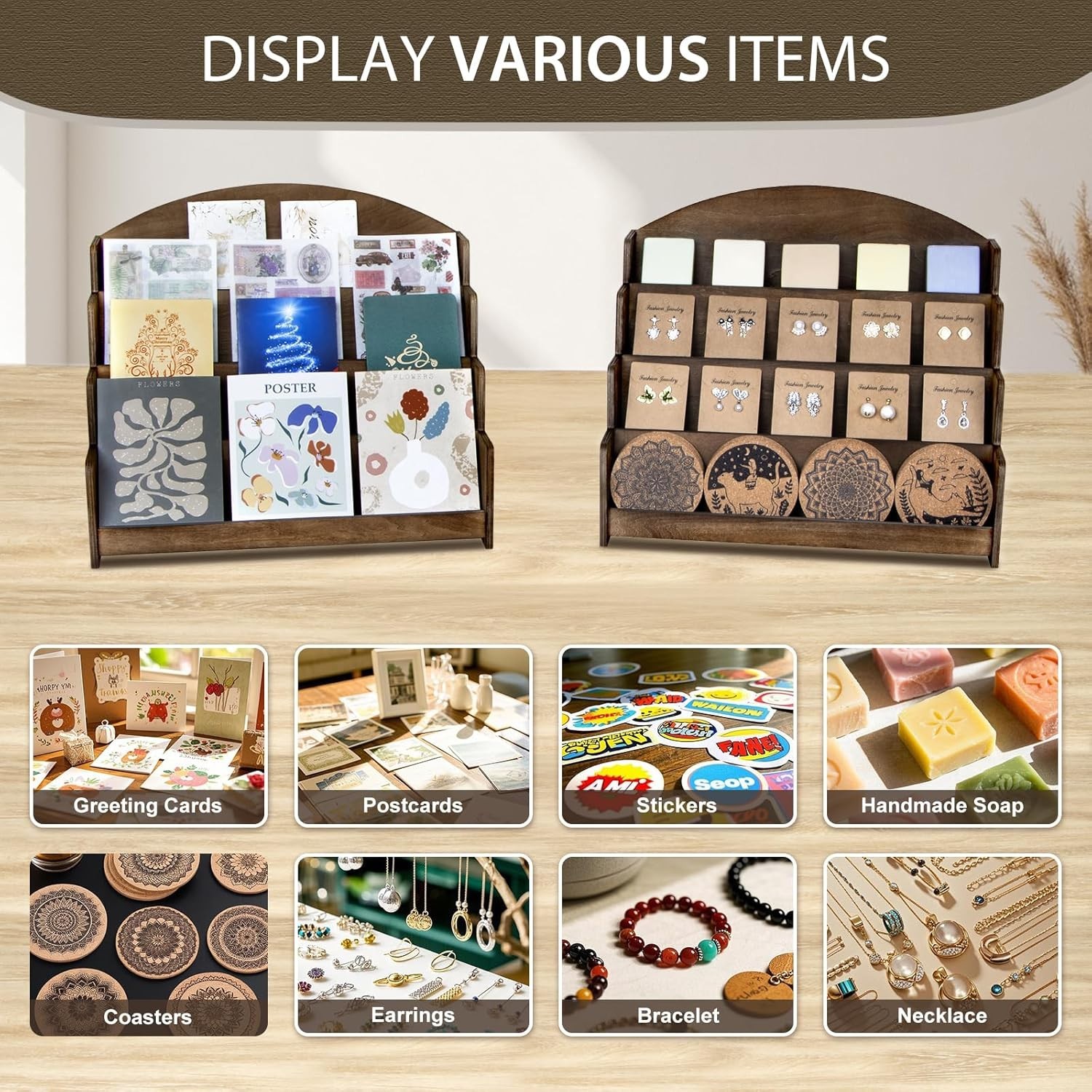 High-Quality Wooden Greeting Card Organizer – 4 Spacious Tiers for 5×7 Cards