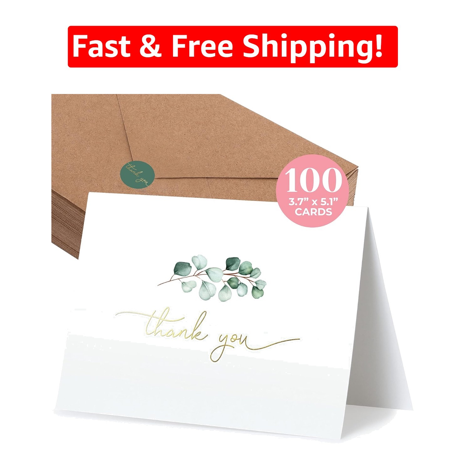 Personalized 100 Kraft Thank You Cards Set with Envelopes – Eucalyptus Design