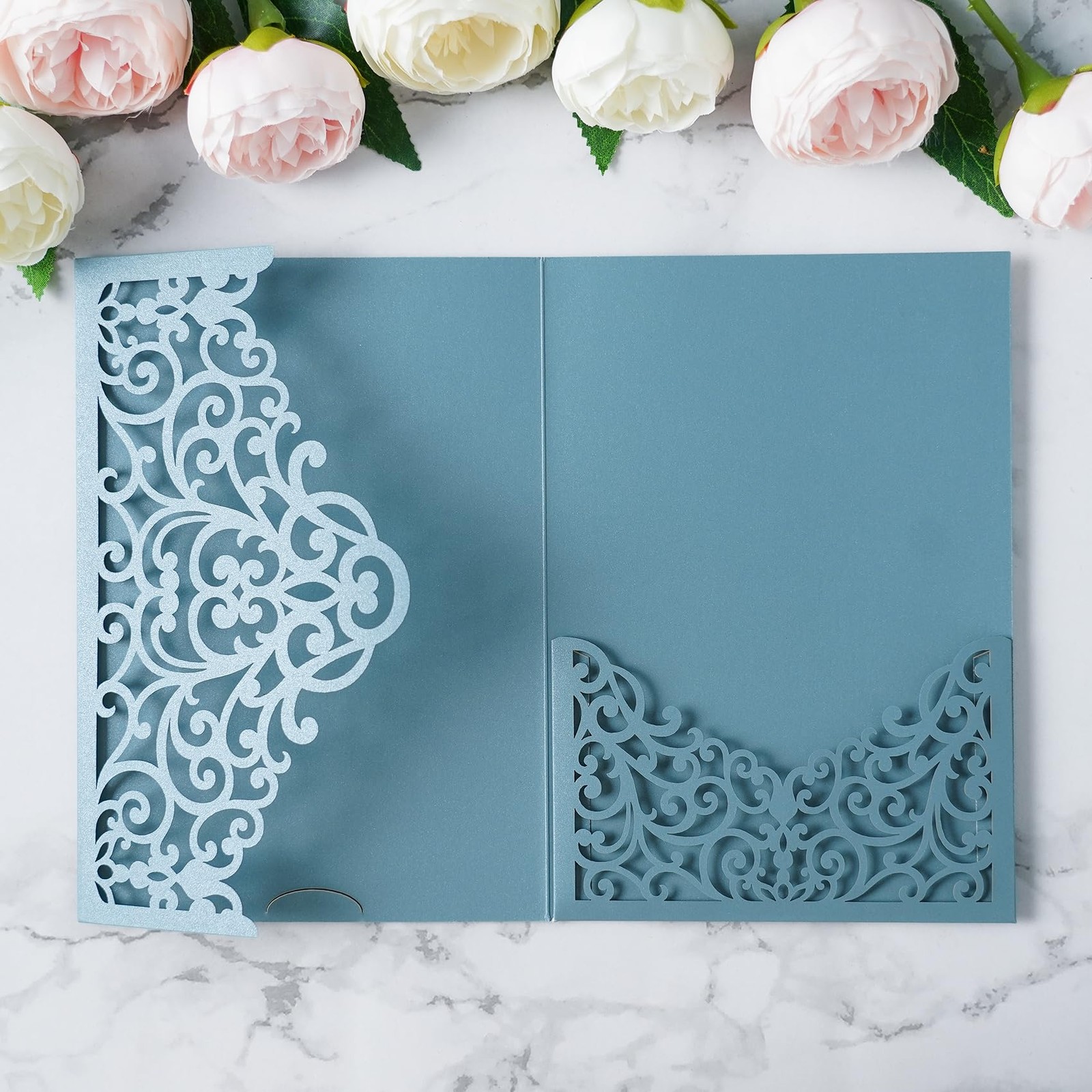 20 PCS 5×7 Dusty Blue Laser Cut Wedding Invitation Pockets Tri-fold Cover