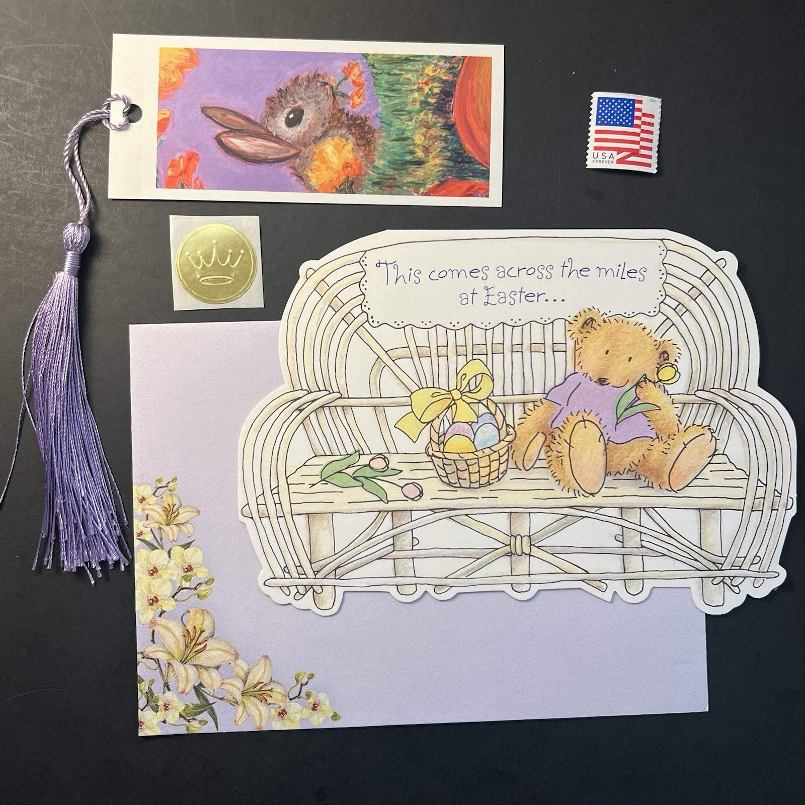 Across the Miles at EASTER Card & BOOKMARK Teddy Bear on Bench w/Env/Seal/Stamp