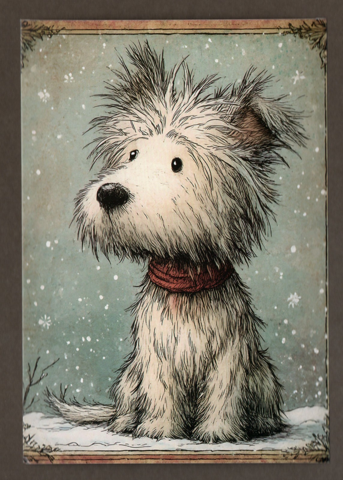 Scruffy White Dog in Snow Mini Art Print or Postcard, 5.5″, Christmas, Red Scarf