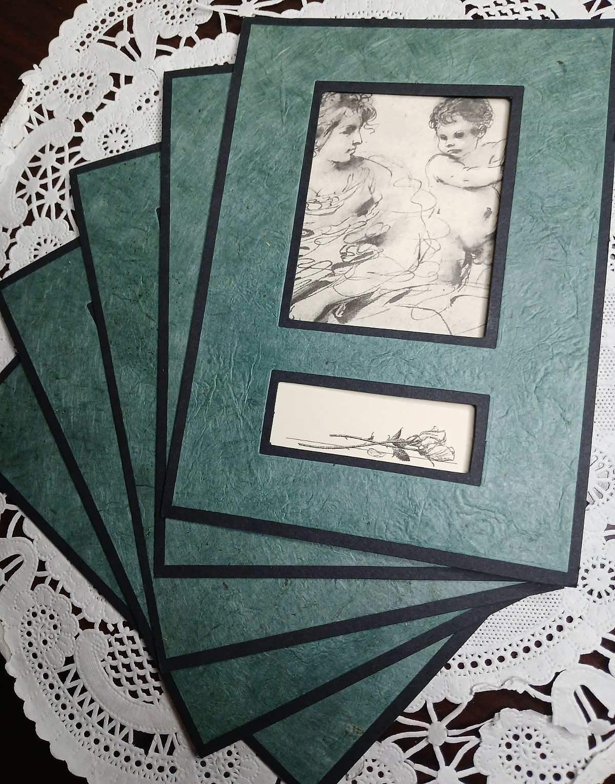 5 Mother & child Sketched Art- Window scene Blank Cards 6.25″ x 4″ w Envelopes