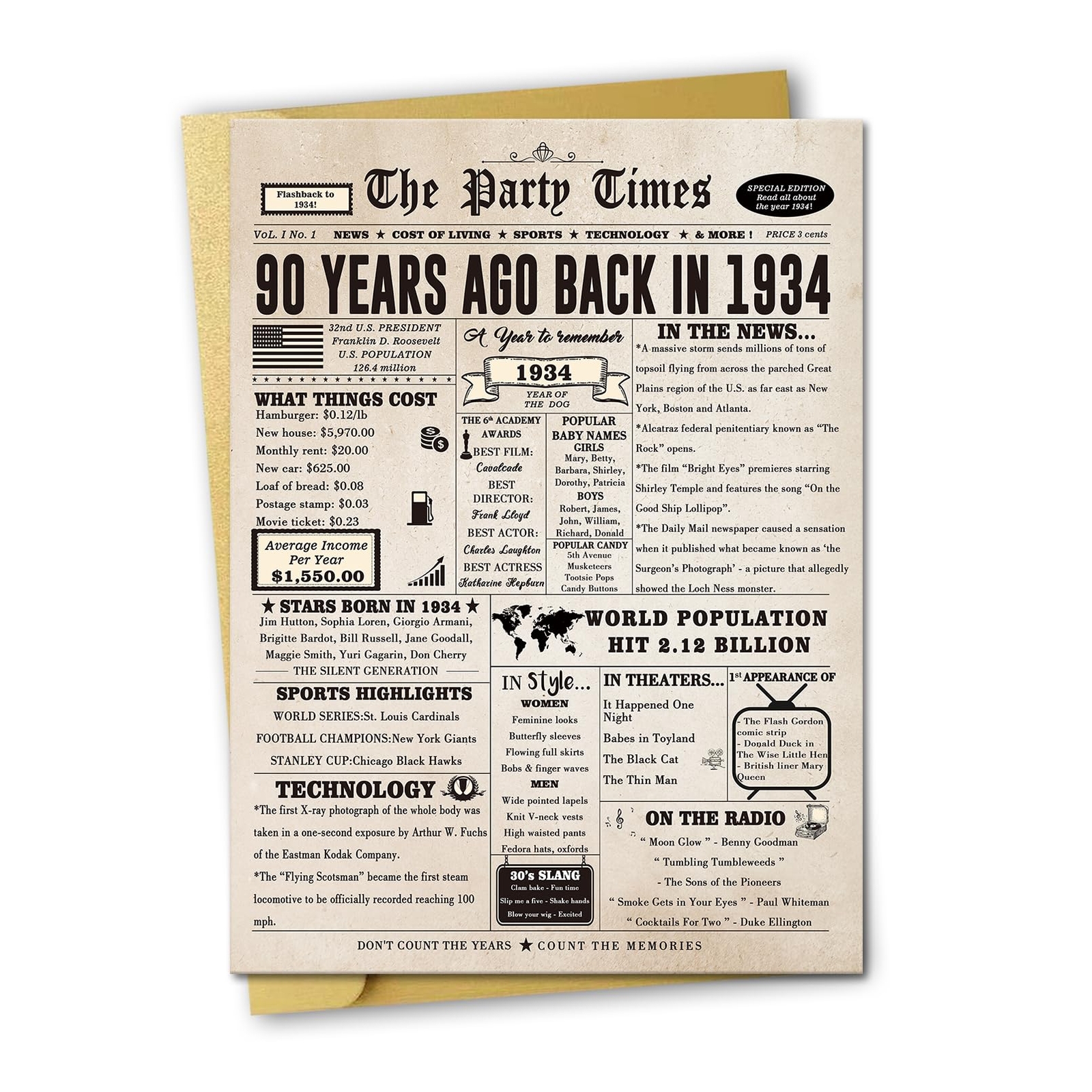 Large 90th Birthday 1934 Card Gift for Grandpa Grandma Mom Dad Men Women
