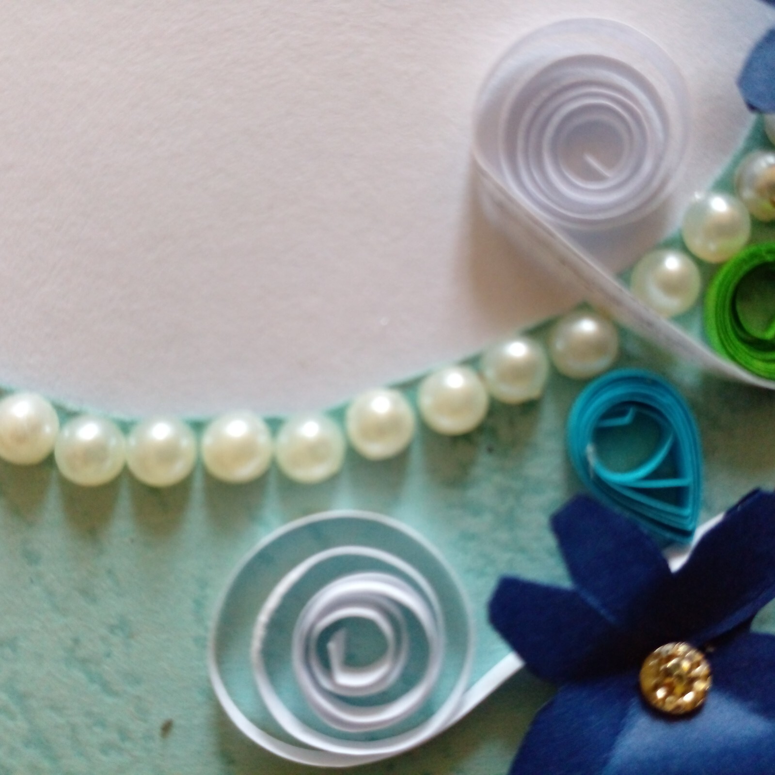 Sri Lanka B’day Card Handmade Paper Quilled Lovely Blue Flower With White Beads