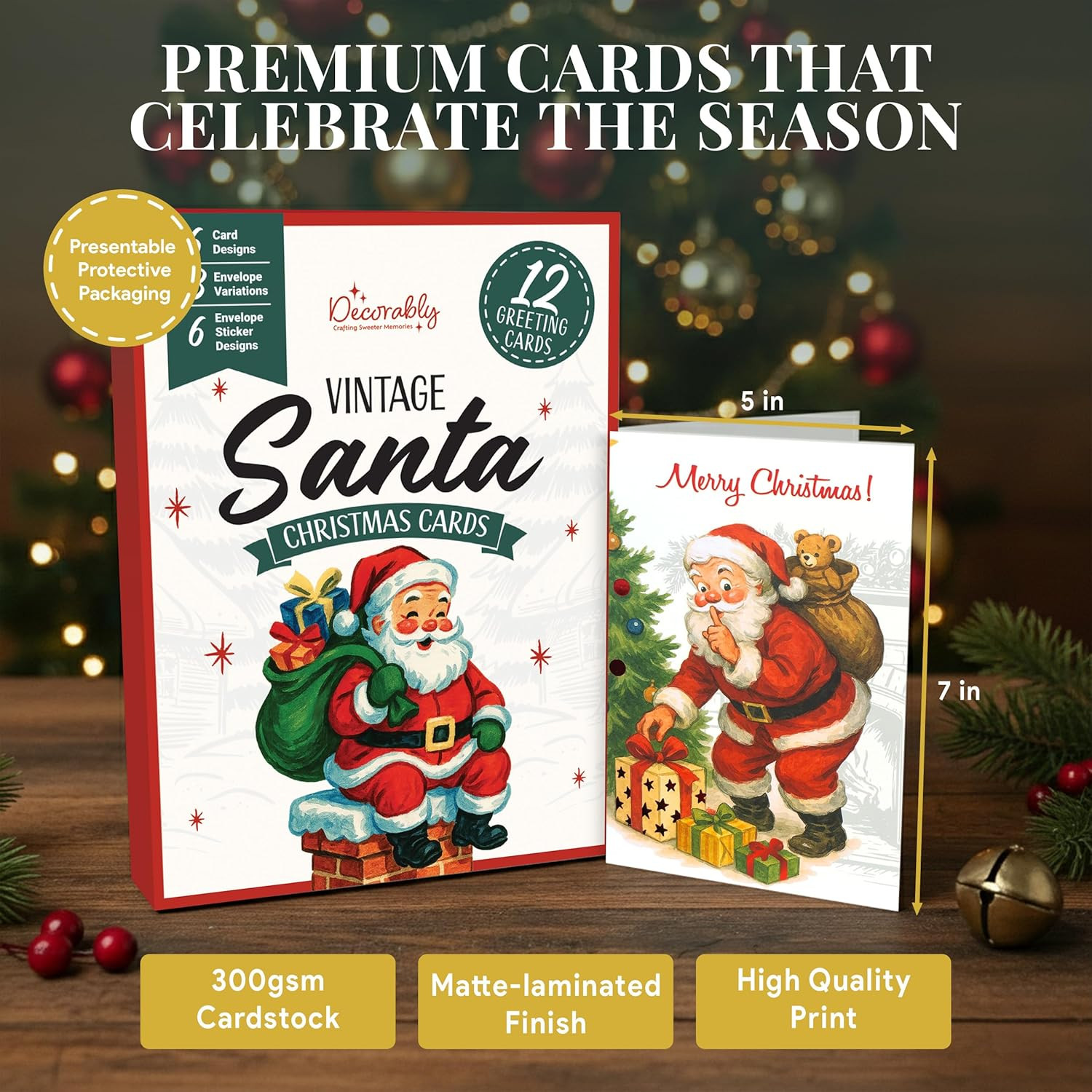 12 Pack Red and Gold Foil 5X7In Vintage Santa Kids Christmas Cards with Envelope