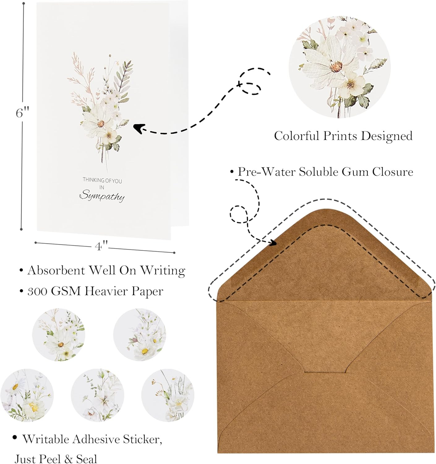 4 Pack Watercolor White WildFlower Sympathy Cards with Envelopes Sealed 4 Assort