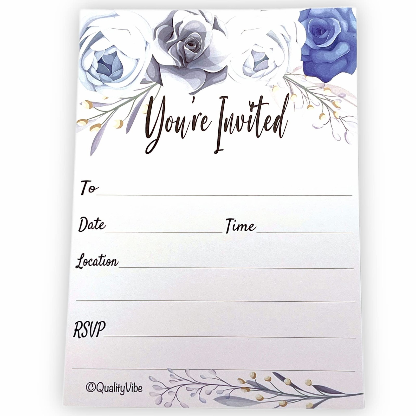 25 Gray Blue Flower Invitations, Envelopes, Fill In Style, Elegant, Party