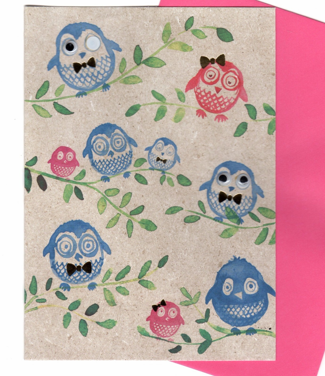 Owl Greeting Card 7″ x 5 Handcrafted Blue/Pink/Green Blank Notecard All Occasion