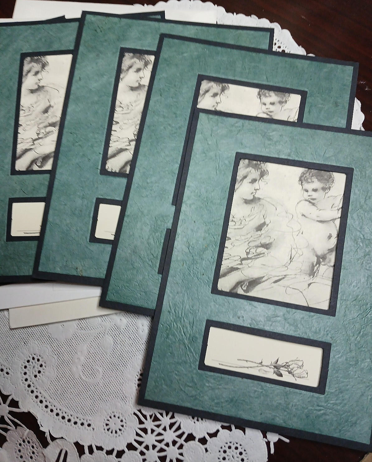 5 Mother & child Sketched Art- Window scene Blank Cards 6.25″ x 4″ w Envelopes