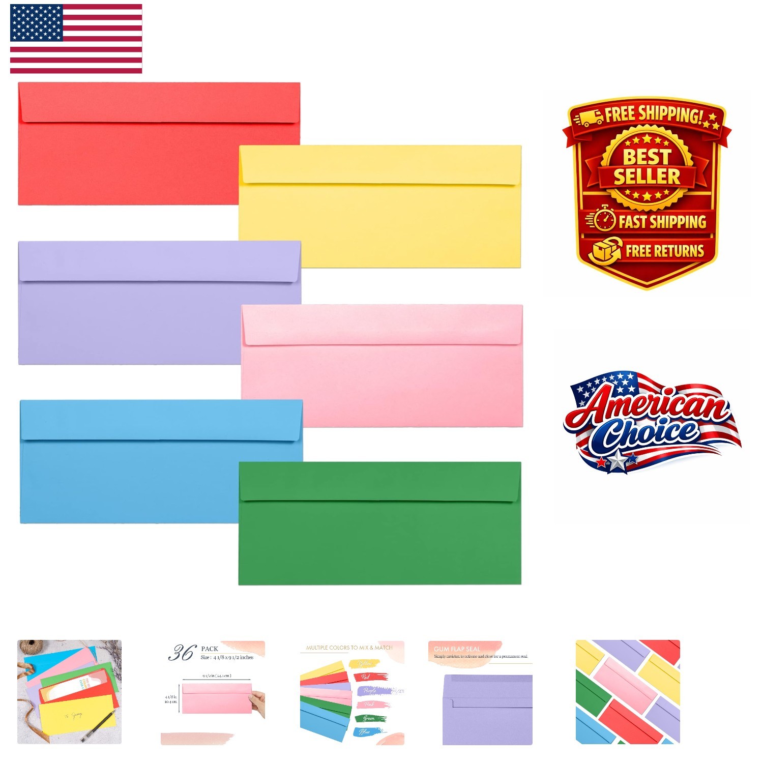 Professional 36-Pack Colored Envelopes in 6 Eye-Catching Colors—Secure Closure