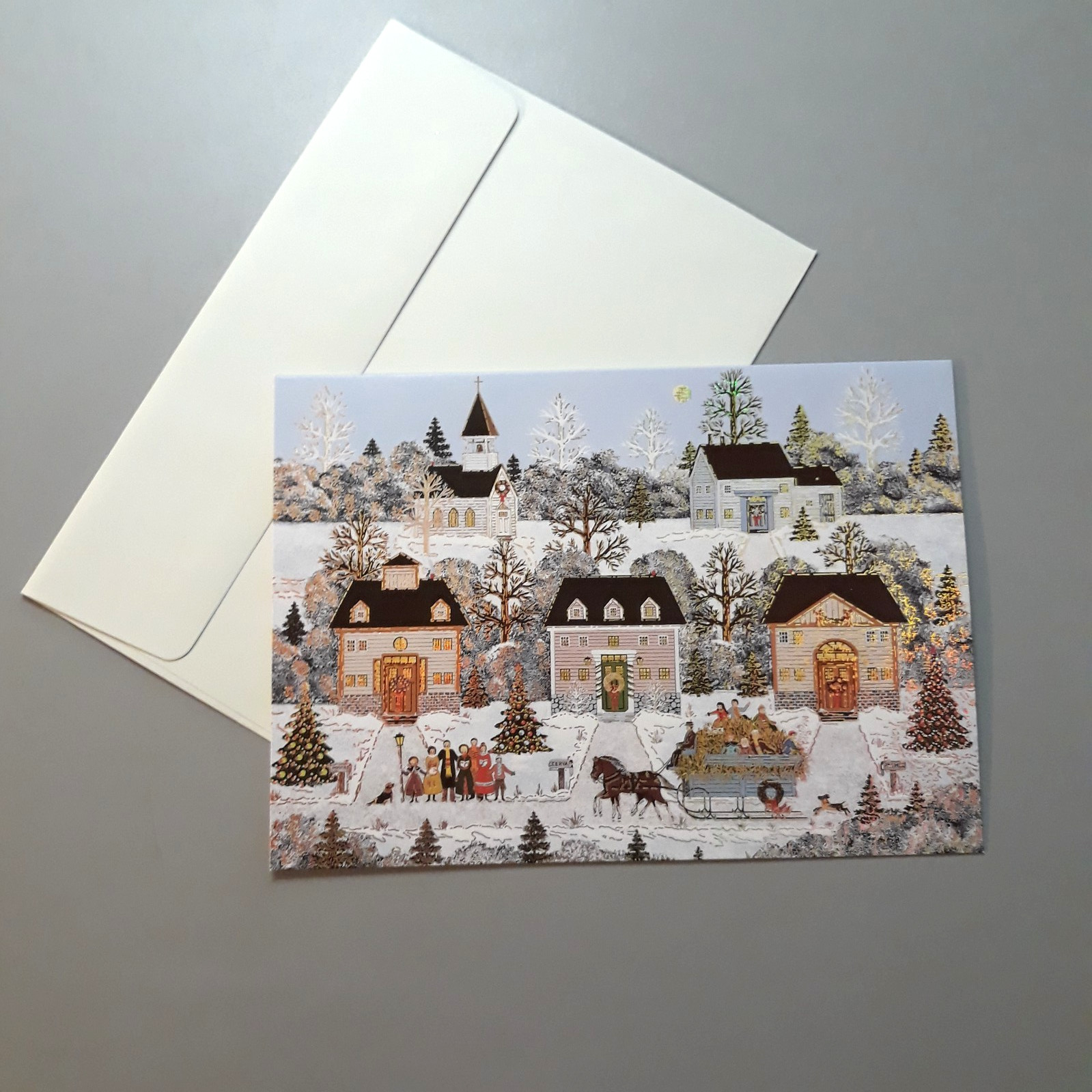 Greeting Card & Envelope Christmas Village Scene Horse Sleigh Peter Pauper Press