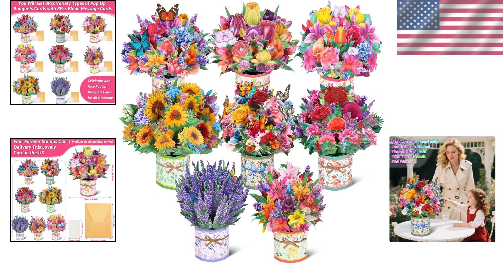 Assorted Flower Bouquet Pop-Up Cards, Perfect for Mother’s Day & More, 8 Count