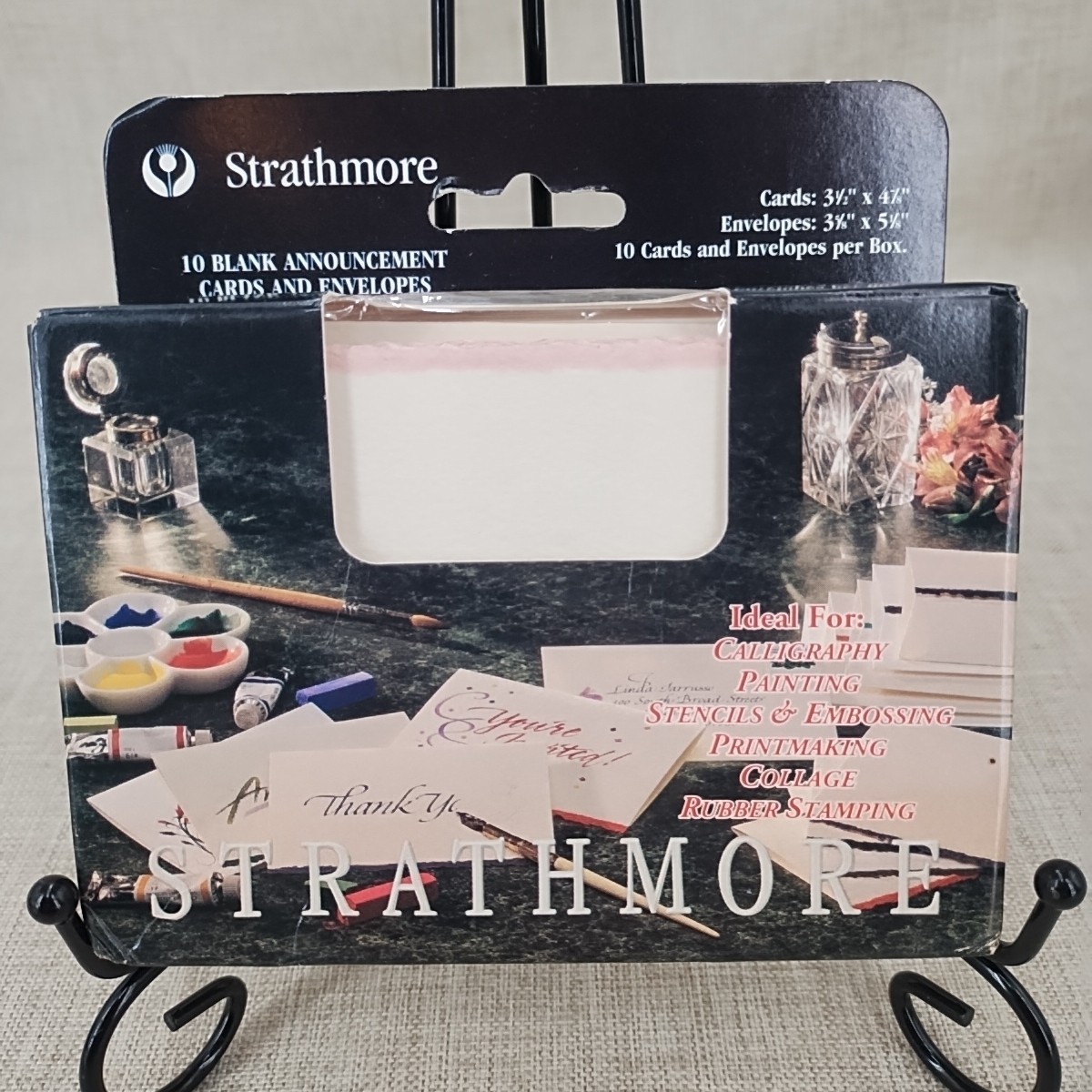 NIB 10 Strathmore Cards + Envelopes 3 1/2″ x 4 7/8″ White w/Blush Deckle 1996