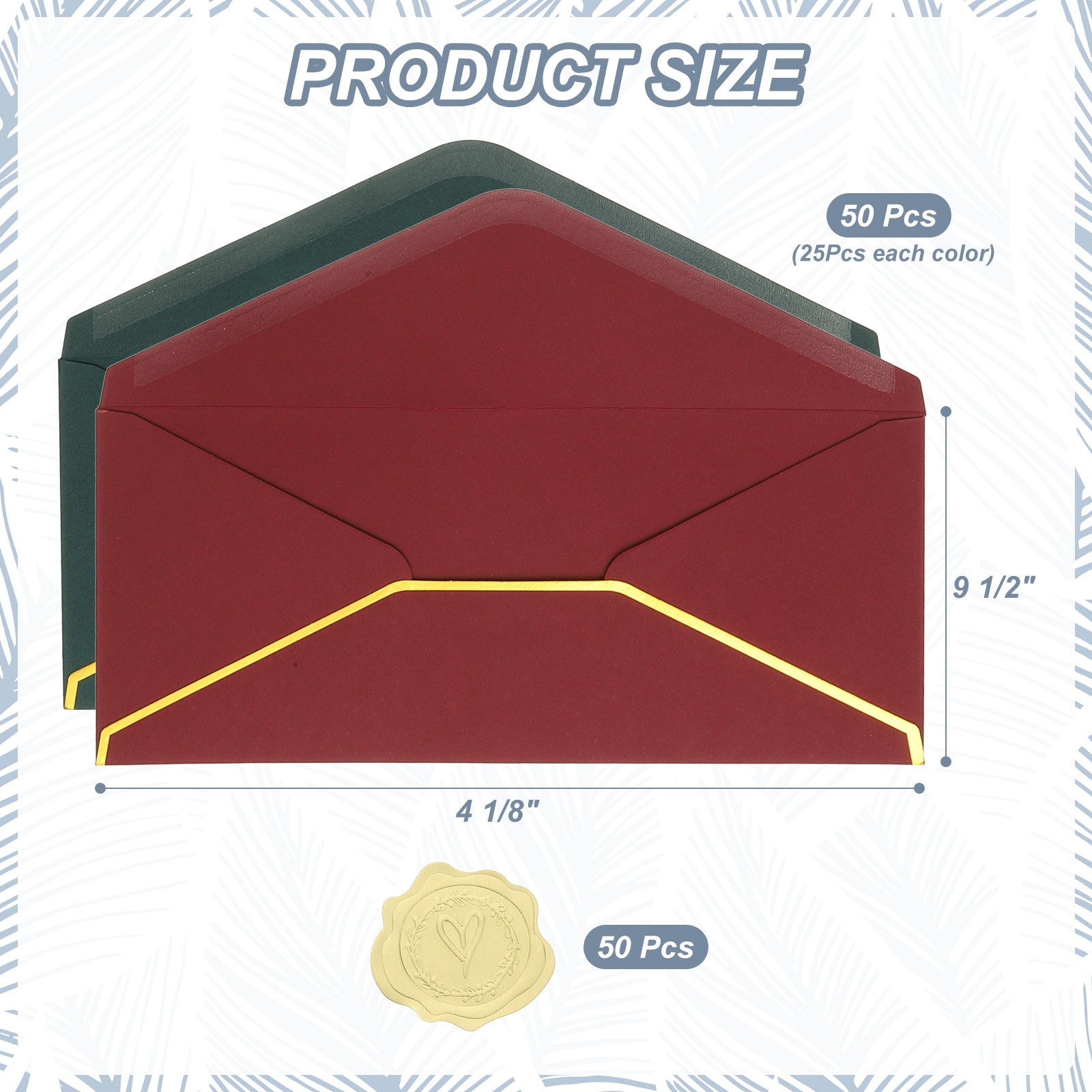 4 1/8 x 9 1/2 Inch Envelopes with Gold Border, 50 Pack V Flap, 2 Colors