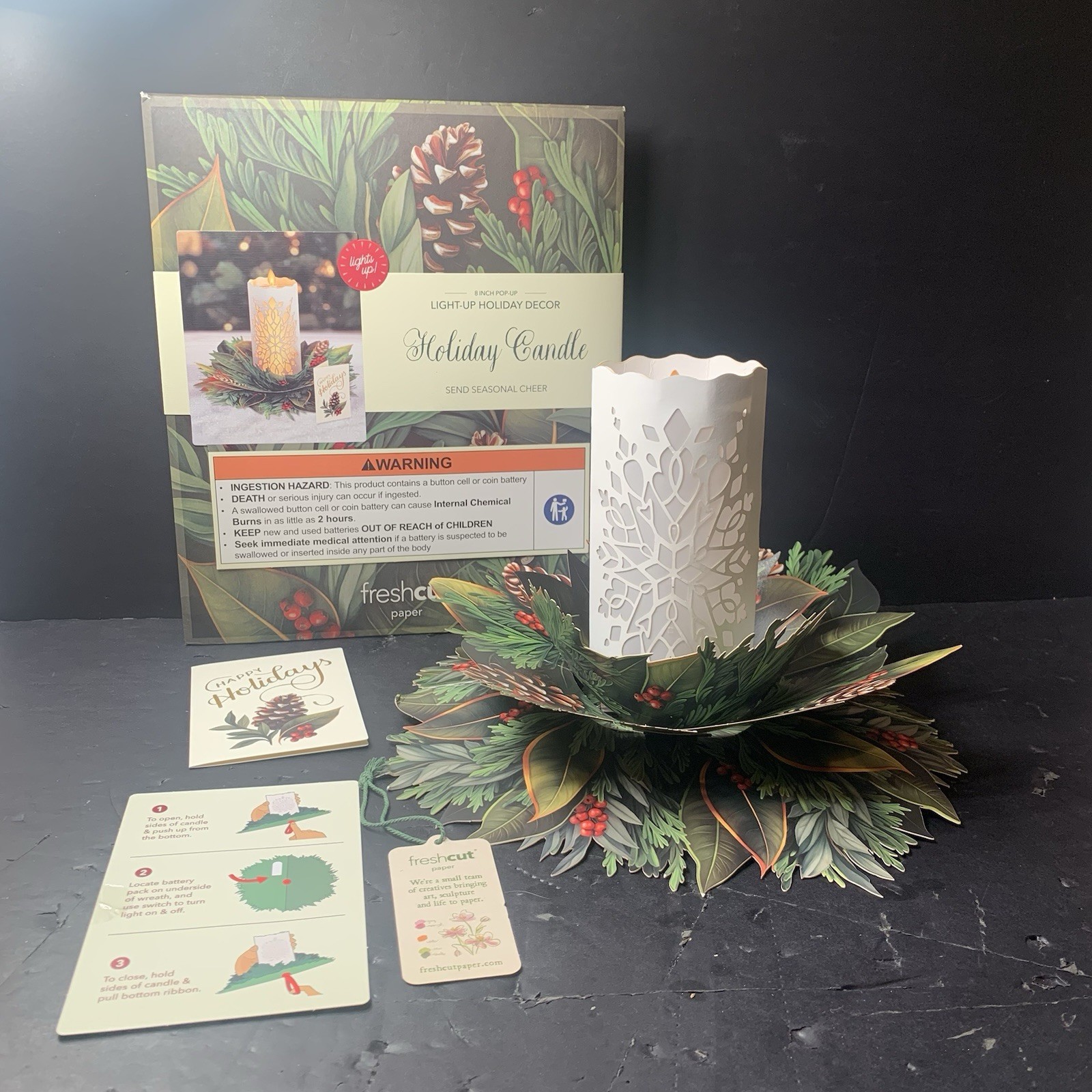 Fresh Cut Pop Up Paper Candle Light Up w/ Card 3D Popup Christmas Card