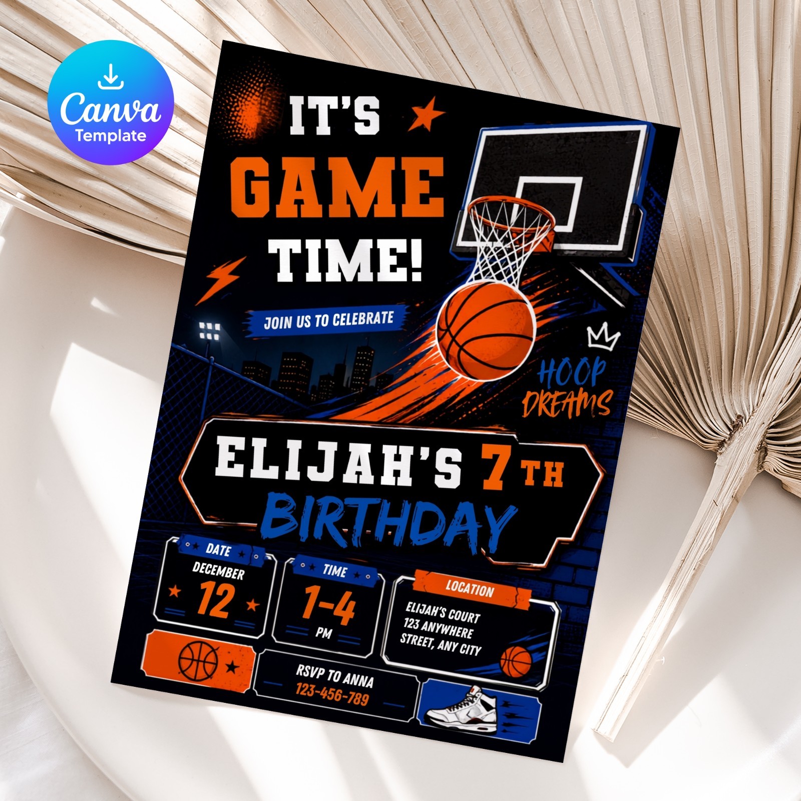 Basketball Birthday Invitation Editable Canva Template Printable 5×7 Digital