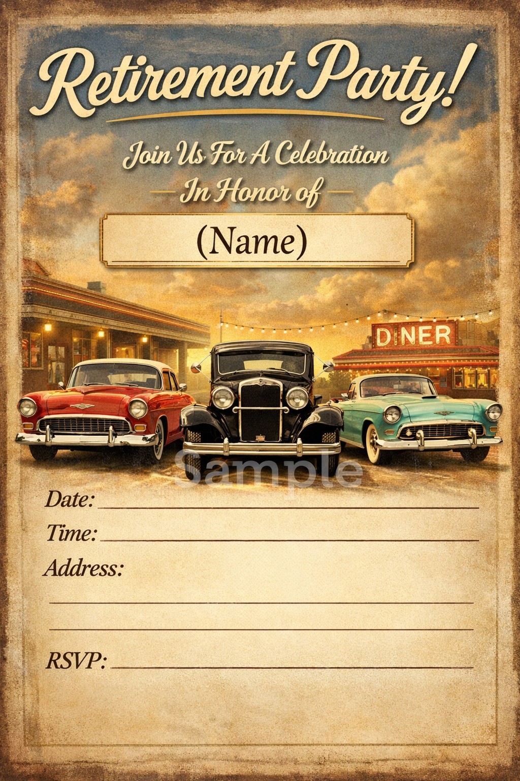 Retirement party Invitations 12 With Envelopes Supplies Classic Cars Retro