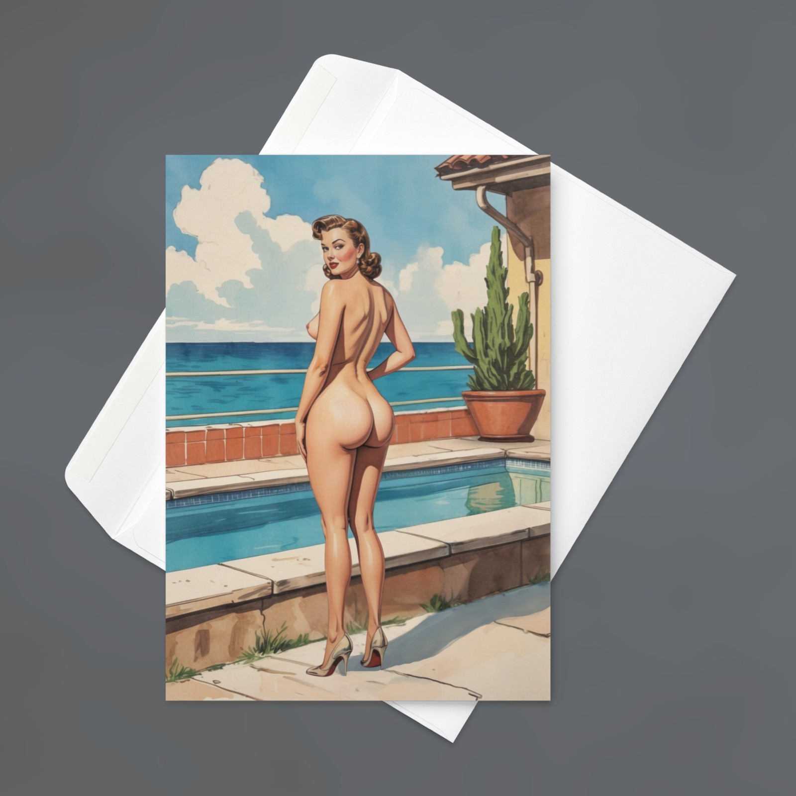 Vintage Style Female Artistic Greeting Card: Poolside Woman Art Deco Figure Art