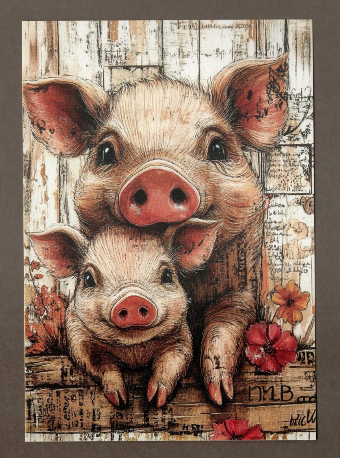 Rustic Pig Mini Art Print or Postcard, 5.5″, Mama and Baby
