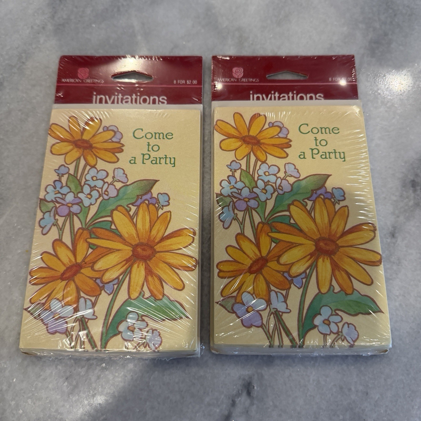 2 Packs (16) Vintage Party Invitations Yellow Flowers Daisies Retro Made USA New