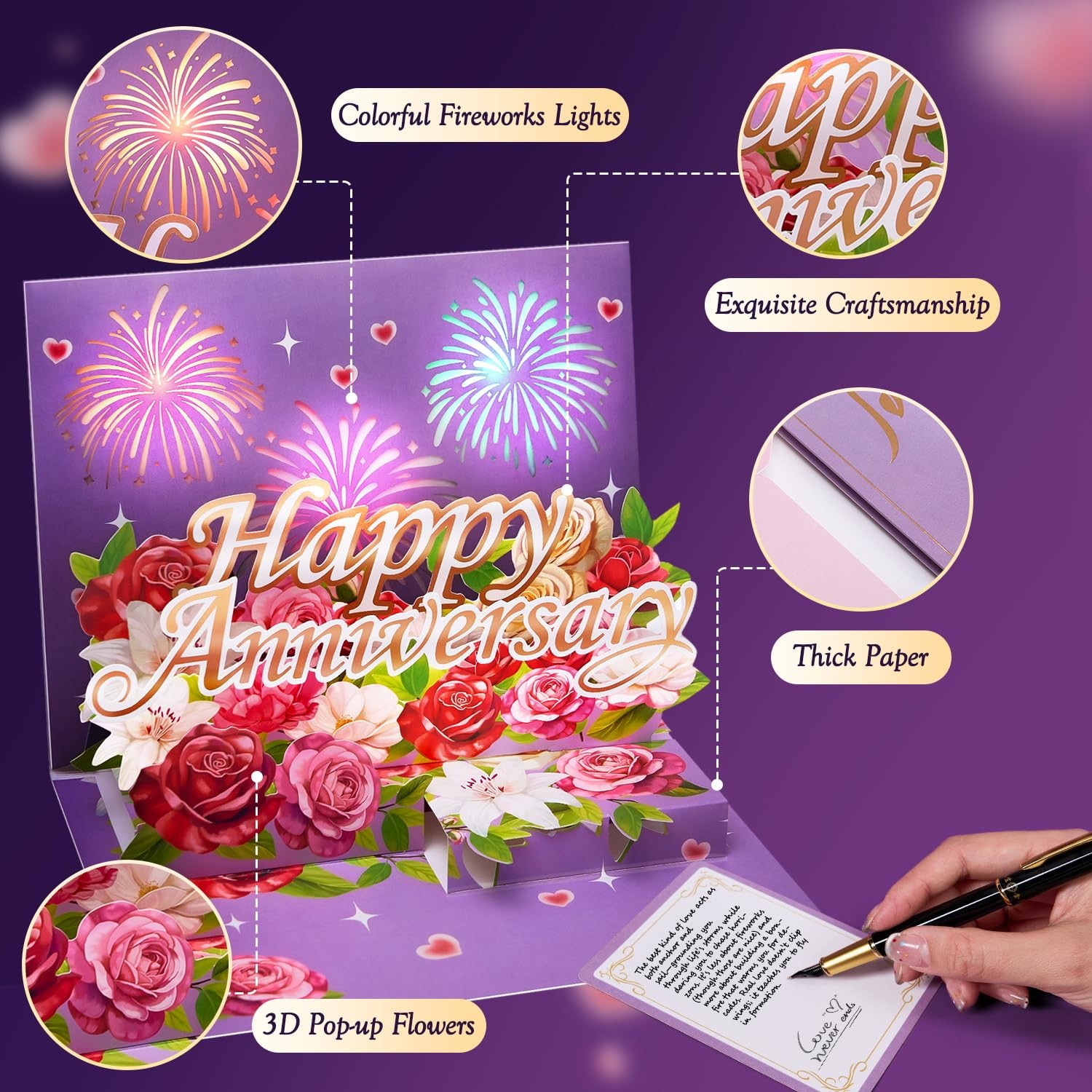 Happy Anniversary Card With Lights Music, 3D Pop Up Flowers, Multicolor