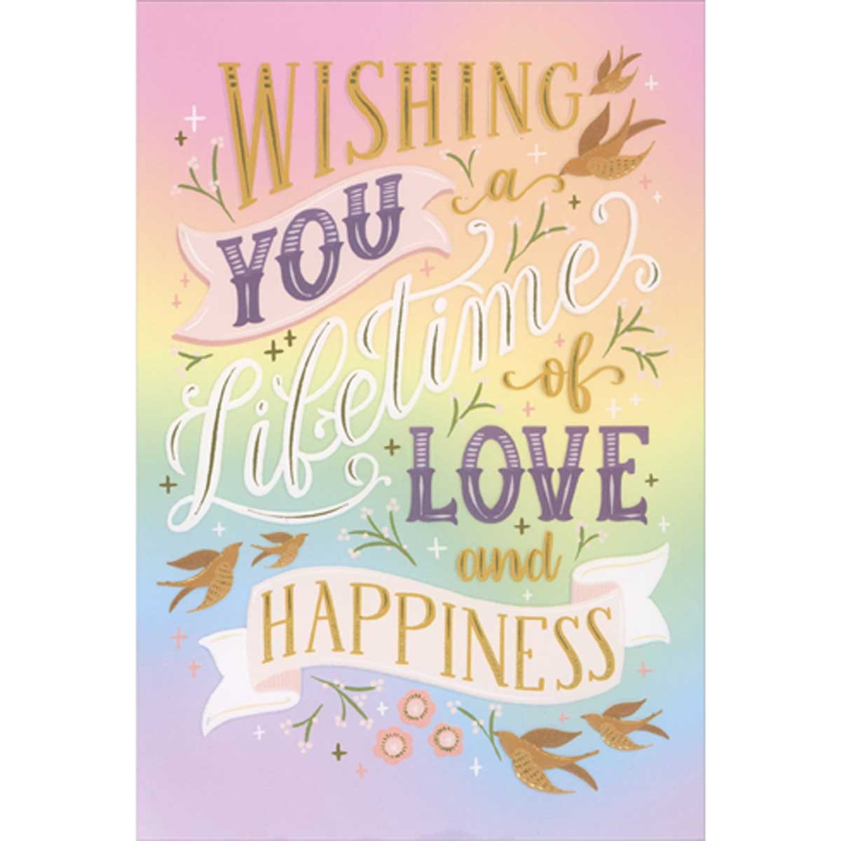 Lifetime of Love and Happiness Gold Doves and Rainbow Wedding Card