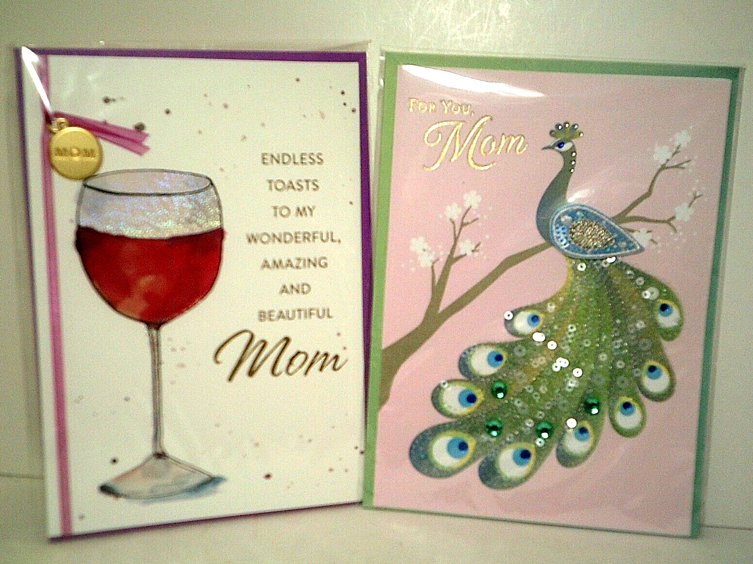 Papyrus Mom Birthday Card Peacock Stitched Layered Gemmed & Wine Glass MOM Charm