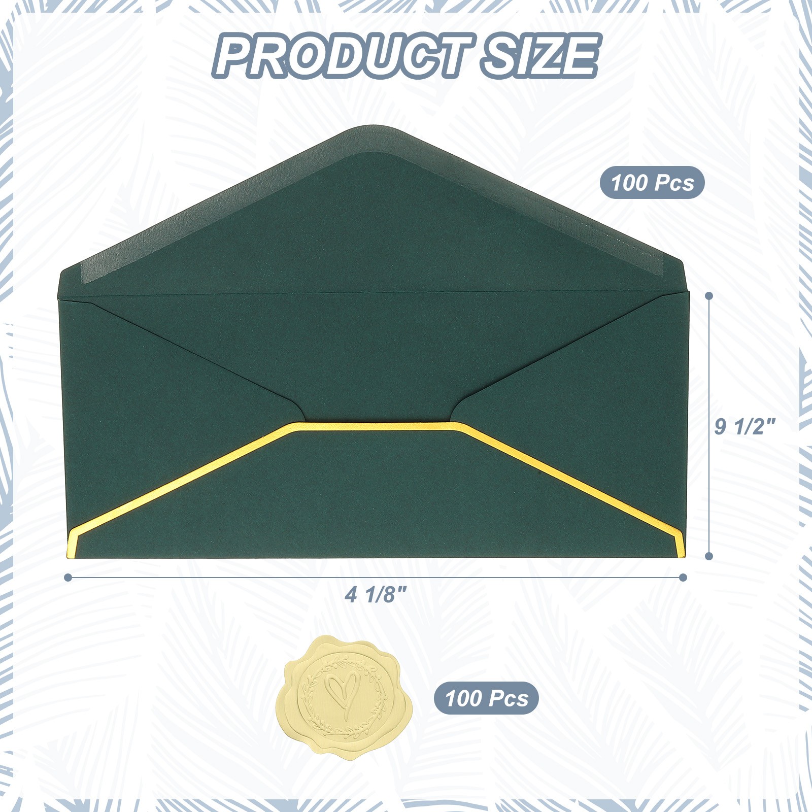4 1/8 x 9 1/2 Inch Envelopes with Gold Border, 100 Pack V Flap, Dark Green