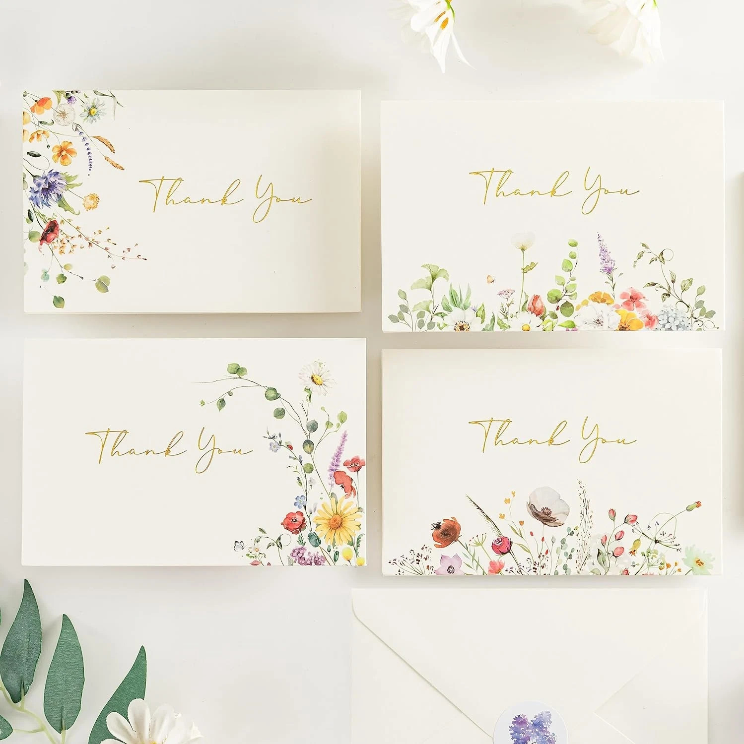Thank You Cards 4 Assortment, Gold Foil Watercolor Wildflowers 100 Cards