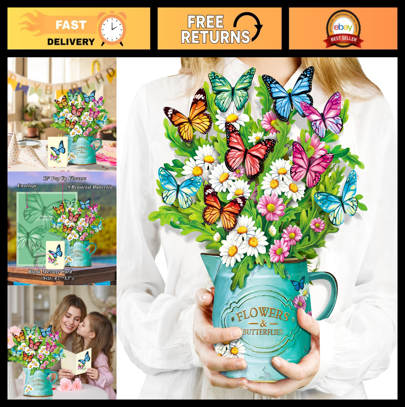3D Pop Up Paper Flowers Bouquet Card 12″ with Note & Envelope – Birthday, Get We