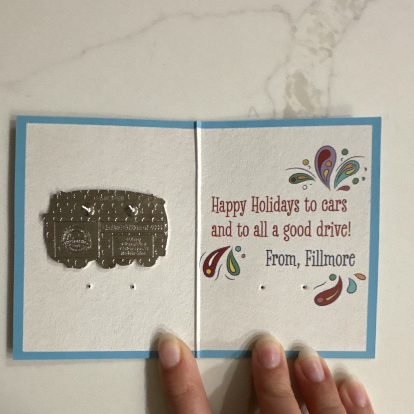 Disney Pixar Cars 2019 Fillmore Holiday Pin with Folded Card LE 4000