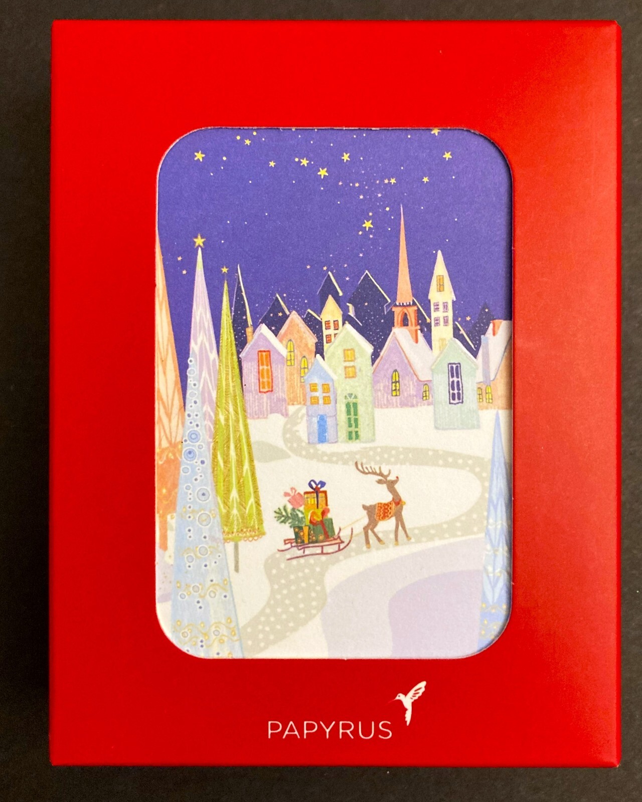 NEW BOX Of 20 SMALL Papyrus Christmas Cards Reindeer Deer Pulling Sleigh Village