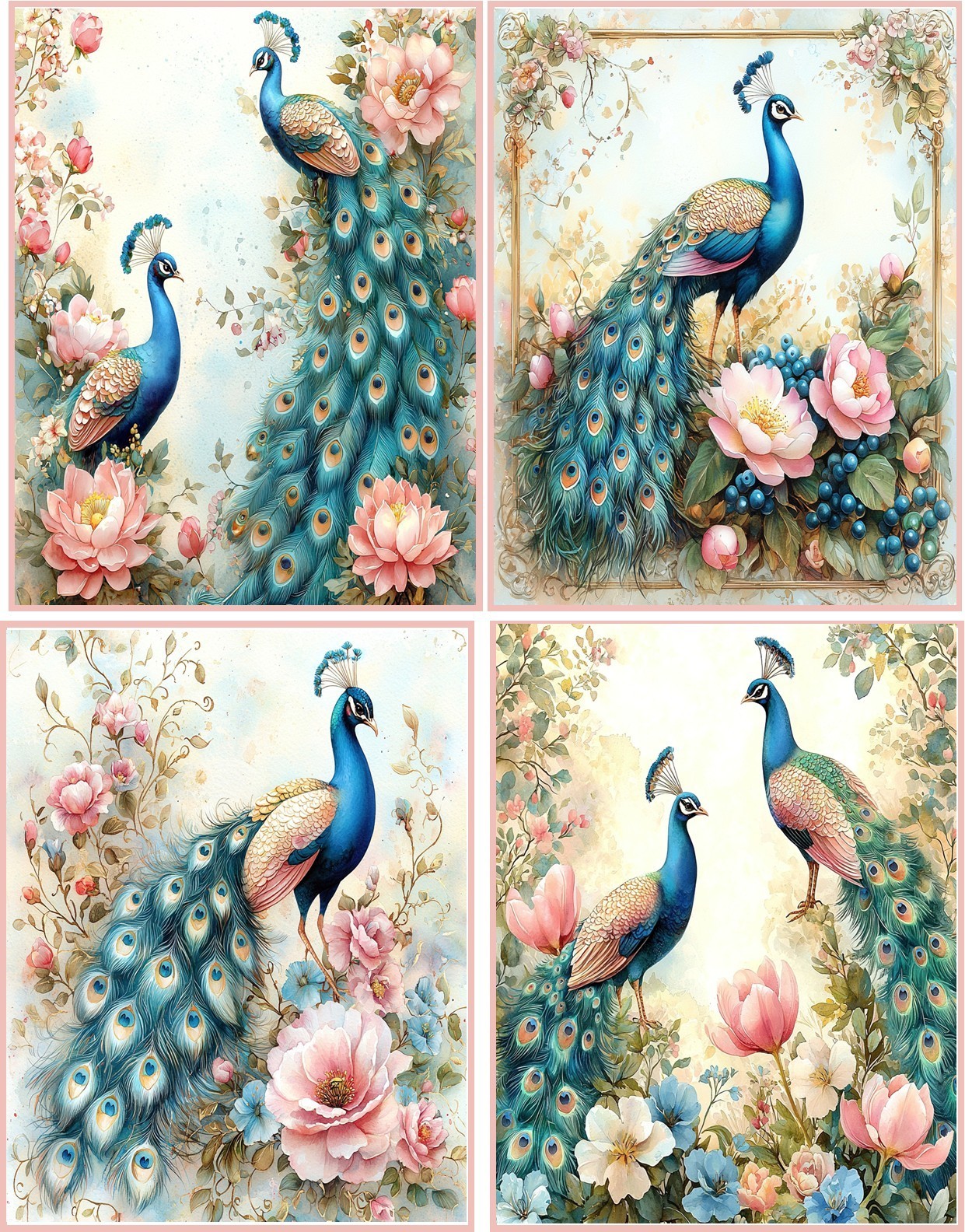 8 assorted Peacock Vintage Shabby Chic glossy blank folded card pink envelopes
