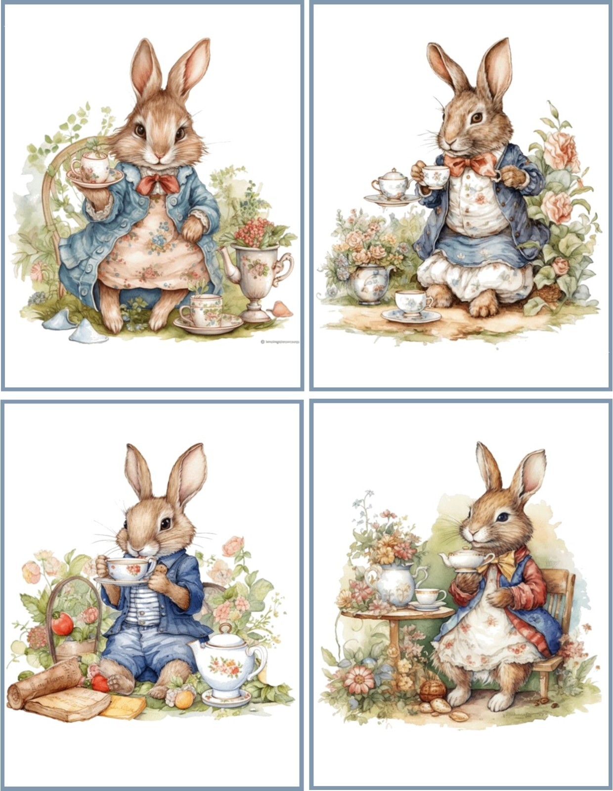 BUNNY RABBIT VINTAGE VICTORIAN TEA PARTY 8 BLANK GLOSSY NOTE CARDS ORGANZA BAG