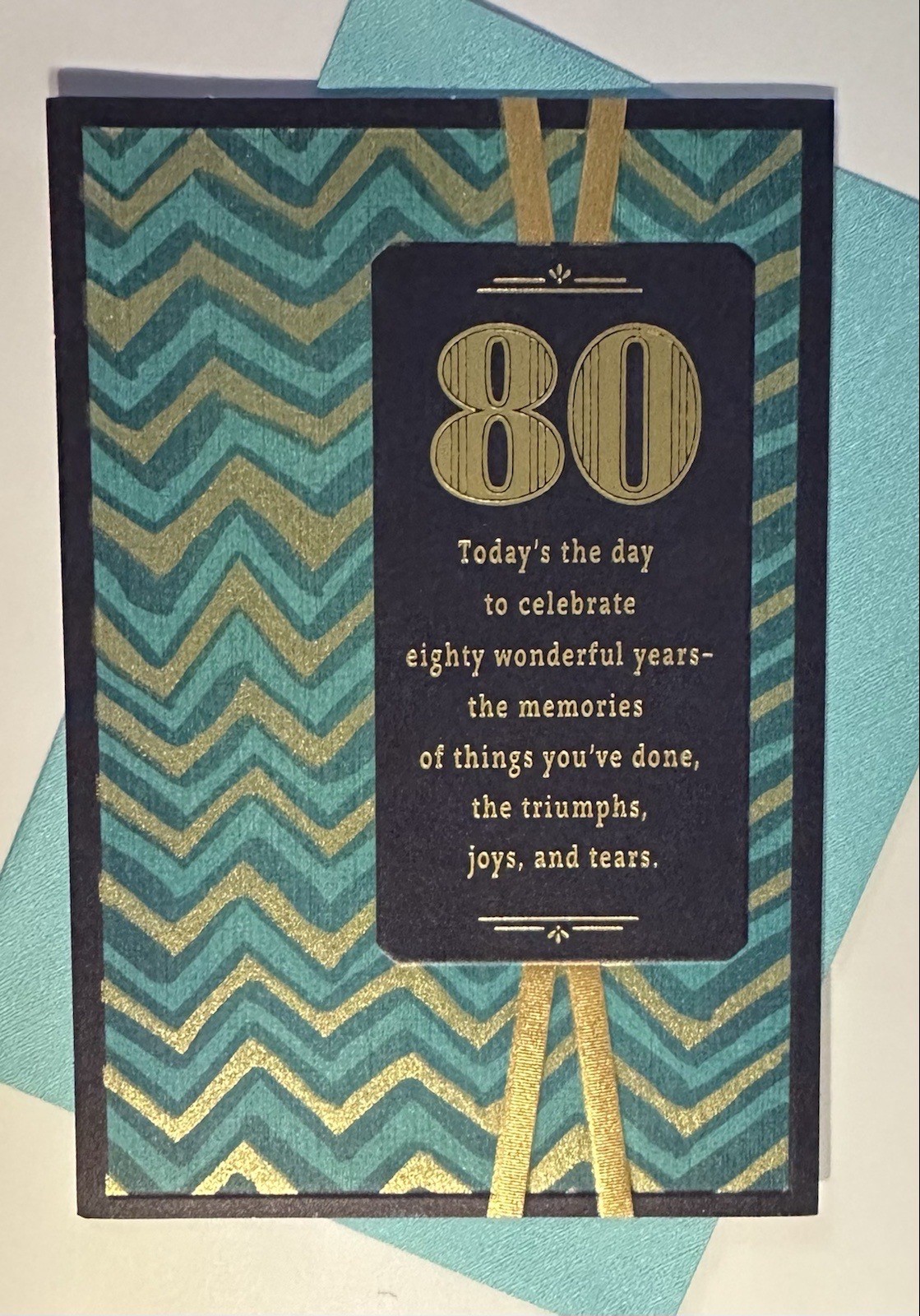 ** HAPPY 80TH BIRTHDAY GREETING CARD ** BLUE & GOLD/CHEVRON PATTERN/CELEBRATE