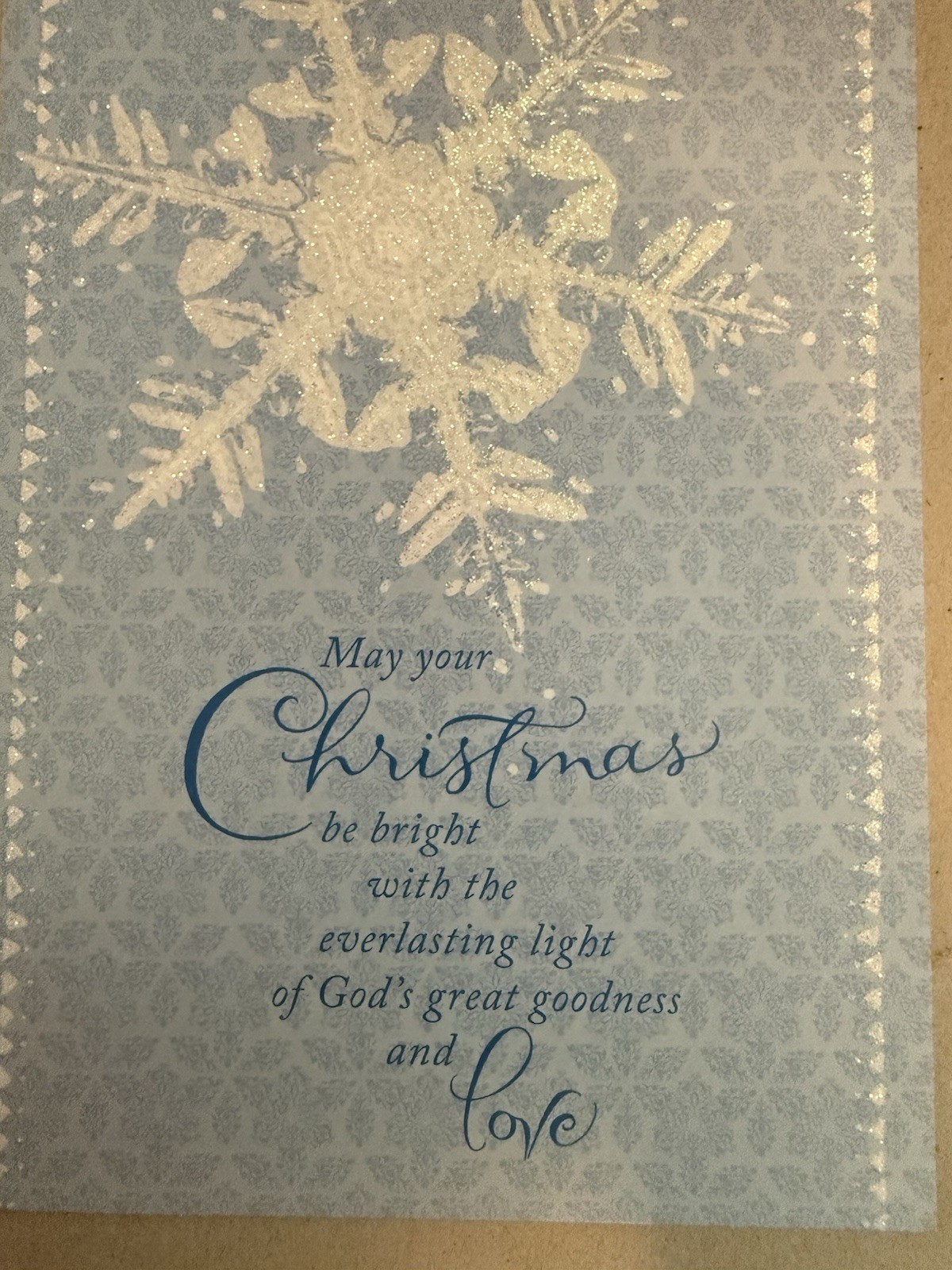 “May your Christmas be Bright” – Blue w/white sparkly snowflake – 4.75″ X 6.75″