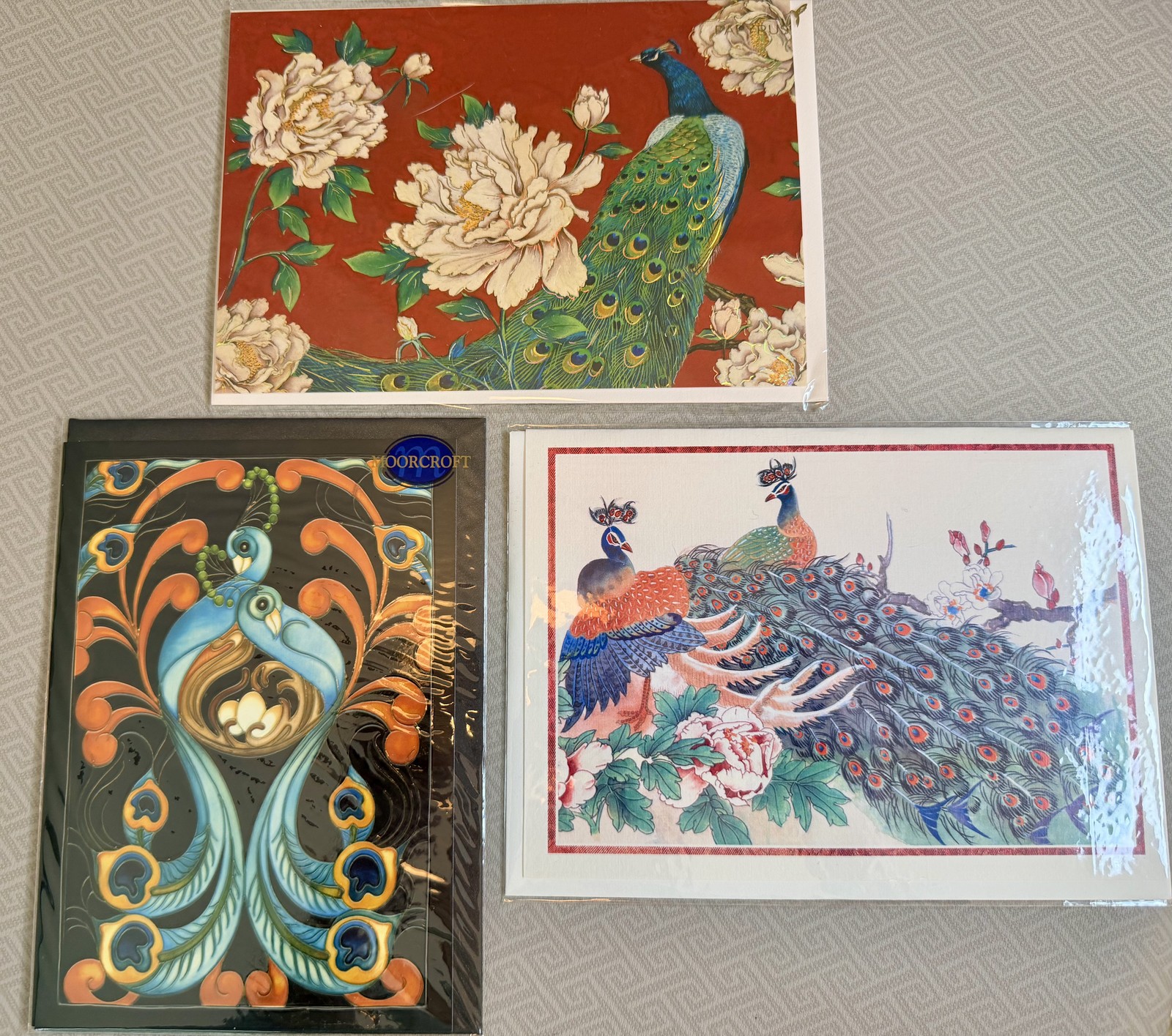 Lot of 3 Peacock Greeting Cards Papyrus Moorcroft Lotus Seeds Birthday Blank