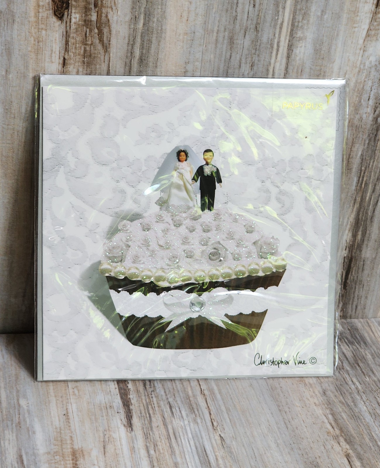 Papyrus Christopher Vine Glittered Beaded Cupcake Wedding Card Bride Groom