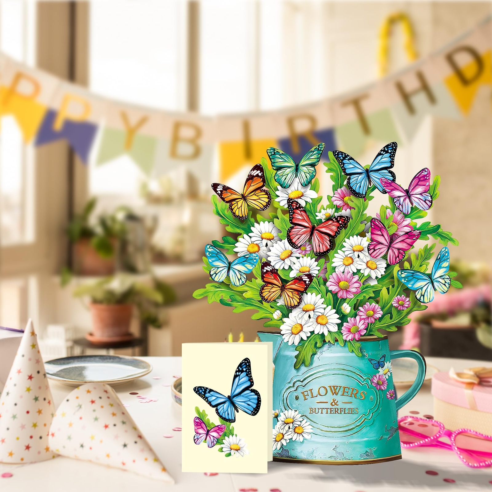 Pop Up Flower Cards, Paper Flowers Bouquet 12’‘ Daisies and Butterflies 3D Popup
