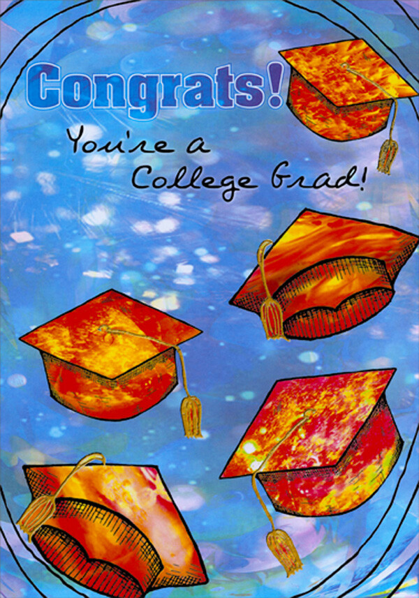 Five Red Orange and Yellow Grad Caps on Blue College Graduation Congrats Card
