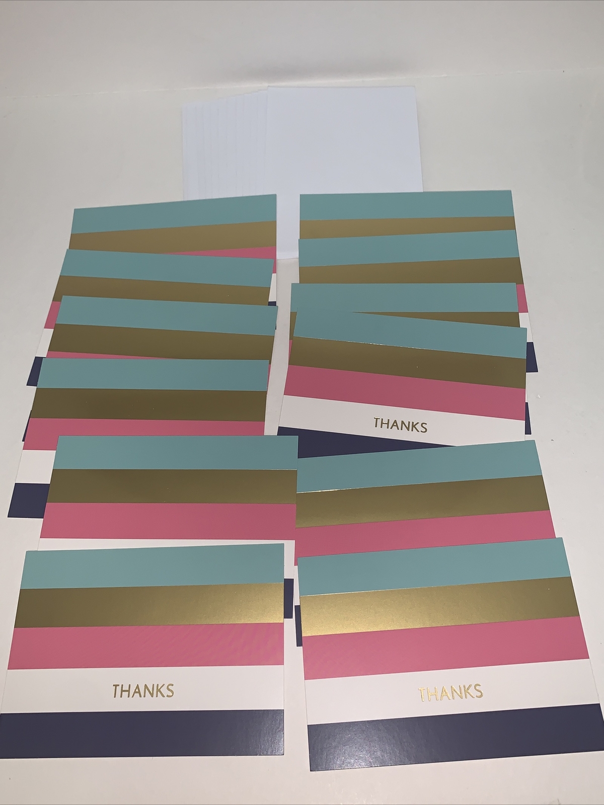 (12) Hallmark Thank You Blank Note Card: Simple Pink Teal Blue Gold White Stripe