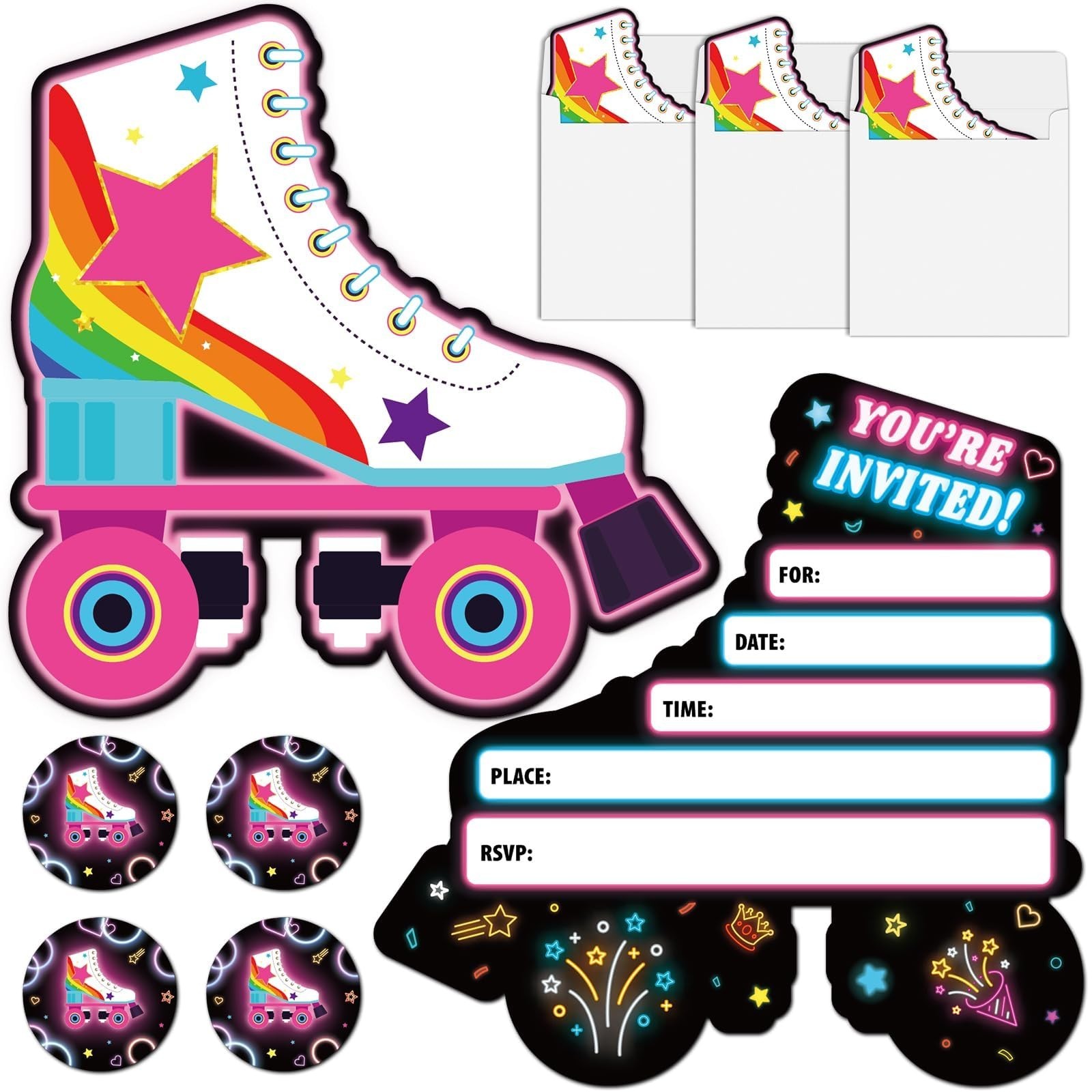 Lonfliness 30pcs Neon Roller Skating Birthday Party Invitations Skate Invitat…