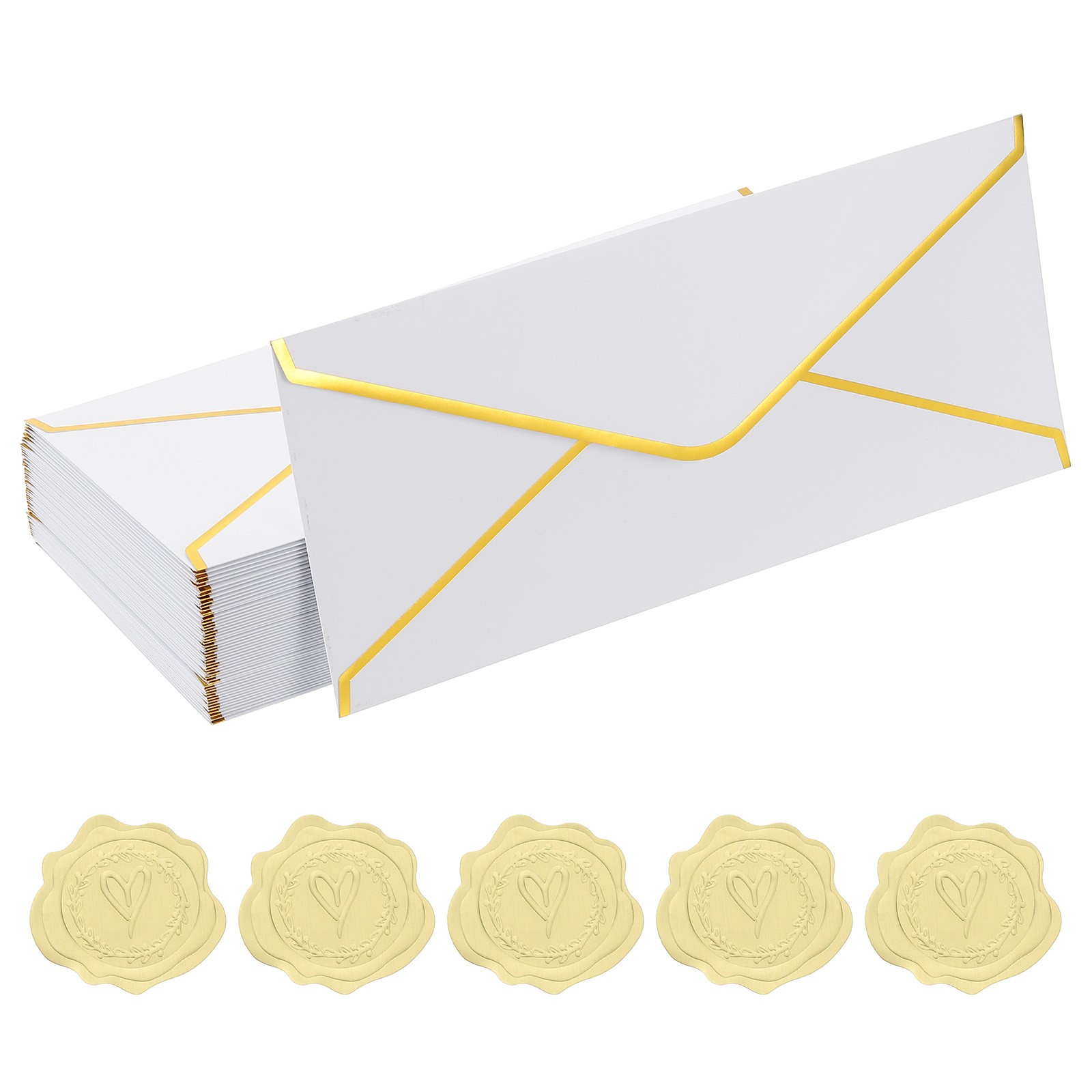 4 1/8 x 9 1/2 Inch Envelopes with Gold Border, 50 Pack V Flap, White